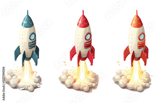 set of isometric cartoon rockets for space and science theme, featuring colorful launch designs in flat 3D style