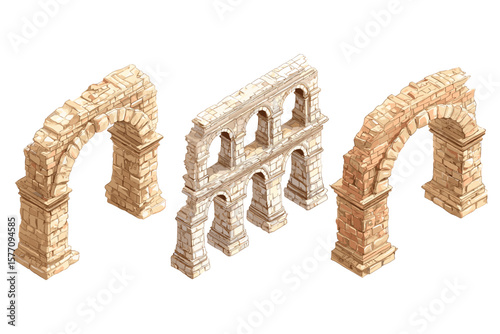 set of isometric stone arch ruins for historical and architecture design, featuring ancient crumbling structures in flat 3D style