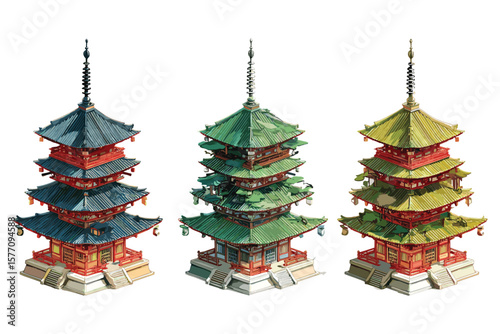 variety of isometric temple towers for cultural and religious design, featuring colorful Asian pagodas in 3D flat style