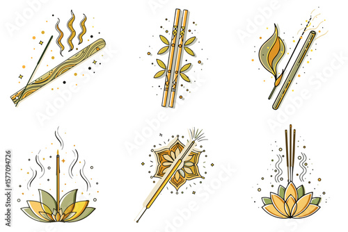 Incense stick icon set for meditation blogs, spiritual websites, wellness clipart, relaxation education, and mindfulness presentations