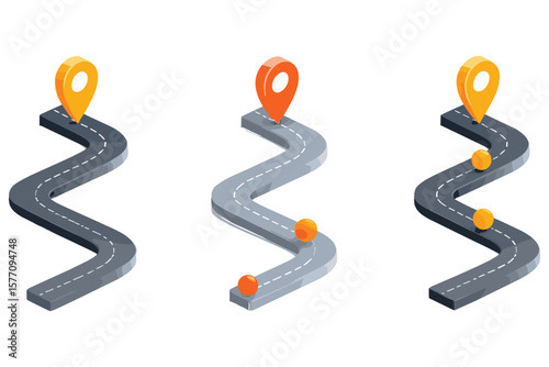 variety of isometric zigzag staircases for architectural design, featuring suspended spiral steps in flat 3D style