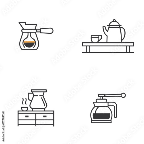 Coffee pot icon set for cafe menus, coffee shop websites, beverage blogs, culinary clipart, product design, and hospitality presentations