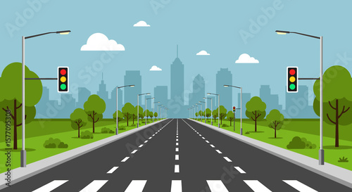 Adobe illustrator vector flat style illustration of a straight city road with multiple lanes, a crosswalk, functioning green traffic lights, streetlights, trees, and a distant urban skyline