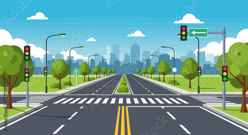 Adobe illustrator vector flat style illustration of a straight city road with multiple lanes, a crosswalk, functioning green traffic lights, streetlights, trees, and a distant urban skyline