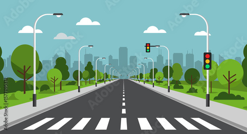 Adobe illustrator vector flat style illustration of a straight city road with multiple lanes, a crosswalk, functioning green traffic lights, streetlights, trees, and a distant urban skyline