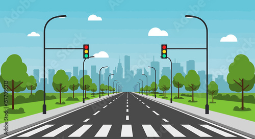 Adobe illustrator vector flat style illustration of a straight city road with multiple lanes, a crosswalk, functioning green traffic lights, streetlights, trees, and a distant urban skyline