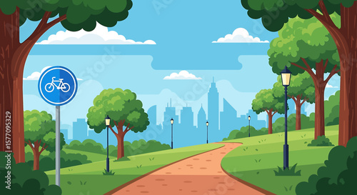 Adobe illustrator vector flat style illustration of a winding dirt path in a park, perfect for bicycle riding, with lush trees, lampposts, and a modern city skyline in the background