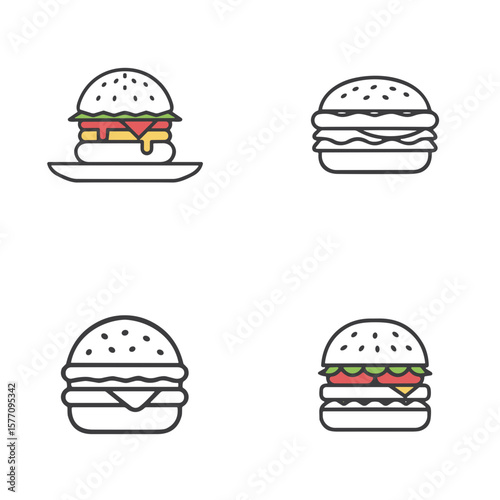 Hamburger icon set for fast food blogs, restaurant menus, food delivery apps, culinary clipart, product design, and food presentations