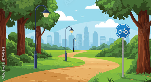 Adobe illustrator vector flat style illustration of a winding dirt path in a park, perfect for bicycle riding, with lush trees, lampposts, and a modern city skyline in the background