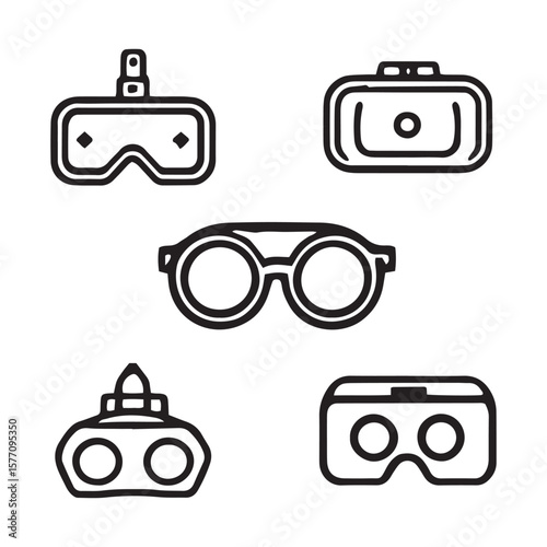 Goggles and VR Headset Icon Set – Minimal Vector Collection of Safety, Diving, and Virtual Reality Glasses

