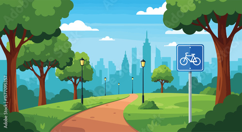 Adobe illustrator vector flat style illustration of a winding dirt path in a park, perfect for bicycle riding, with lush trees, lampposts, and a modern city skyline in the background
