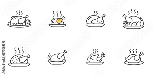 Grilled chicken icon set for restaurant menus, food blogs, barbecue websites, culinary clipart, product design, and celebration presentations