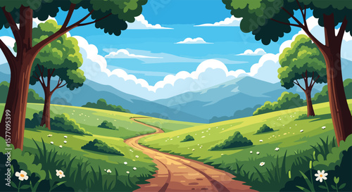 Adobe illustrator vector flat style illustration of a winding dirt path meandering through a lush green landscape with rolling hills, a vibrant forest, and majestic mountains under a clear blue sky