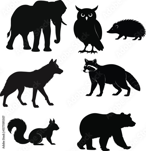 Forest animal silhouettes icons set – simple, wildlife and nature symbols- Elephant, hedgehog, wolf, racoon, squirrel, bear
