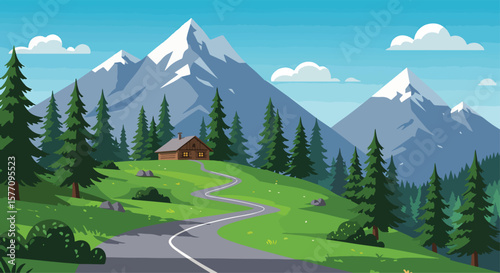 Adobe illustrator vector flat style illustration of a winding road leading towards a cozy cabin nestled among pine trees at the foot of snow-capped mountains under a clear blue sky
