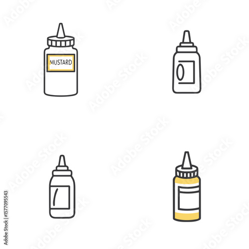 Mustard bottle icon set for food blogs, restaurant menus, condiment packaging, culinary clipart, product design, and cooking presentations