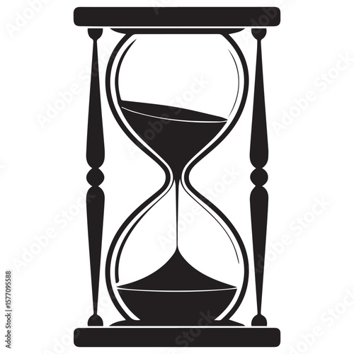 A classic black and white silhouette of an hourglass with sand flowing from the top bulb to the bottom bulb representing the passage of time
