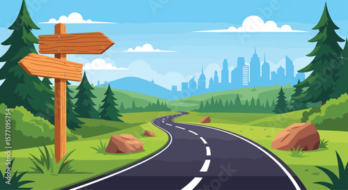 Adobe illustrator vector flat style illustration of a winding road stretching towards a distant cityscape, flanked by green hills, pine trees, and a wooden signpost pointing in two directions