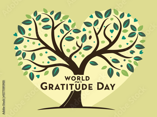 World Gratitude Day Illustration with Heart Shaped Tree and Green Leaves on Light Green Background