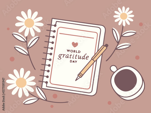 World Gratitude Day Still Life with Notebook Pen Coffee and Flowers Illustration flat lay illustration