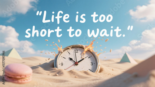 A clock is on the sand with the words 