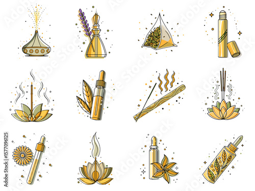 Essential oil icon set for aromatherapy blogs, wellness websites, holistic therapy, spa clipart, product design, and health awareness presentations