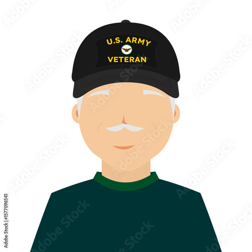 Elderly veteran wearing a black cap with "Veteran" text, symbol of honor and military experience, flat art design style.
