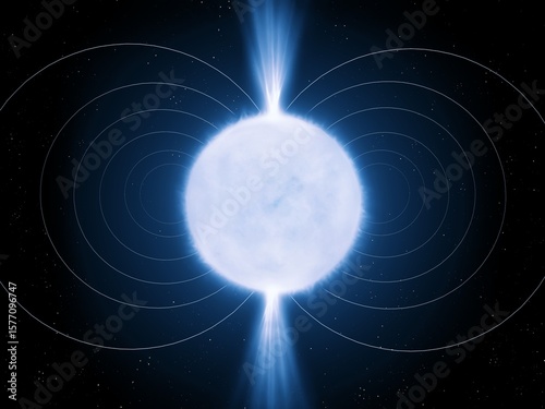 Pulsar with magnetic field lines in space. Neutron star with radio waves. Magnetar on black background