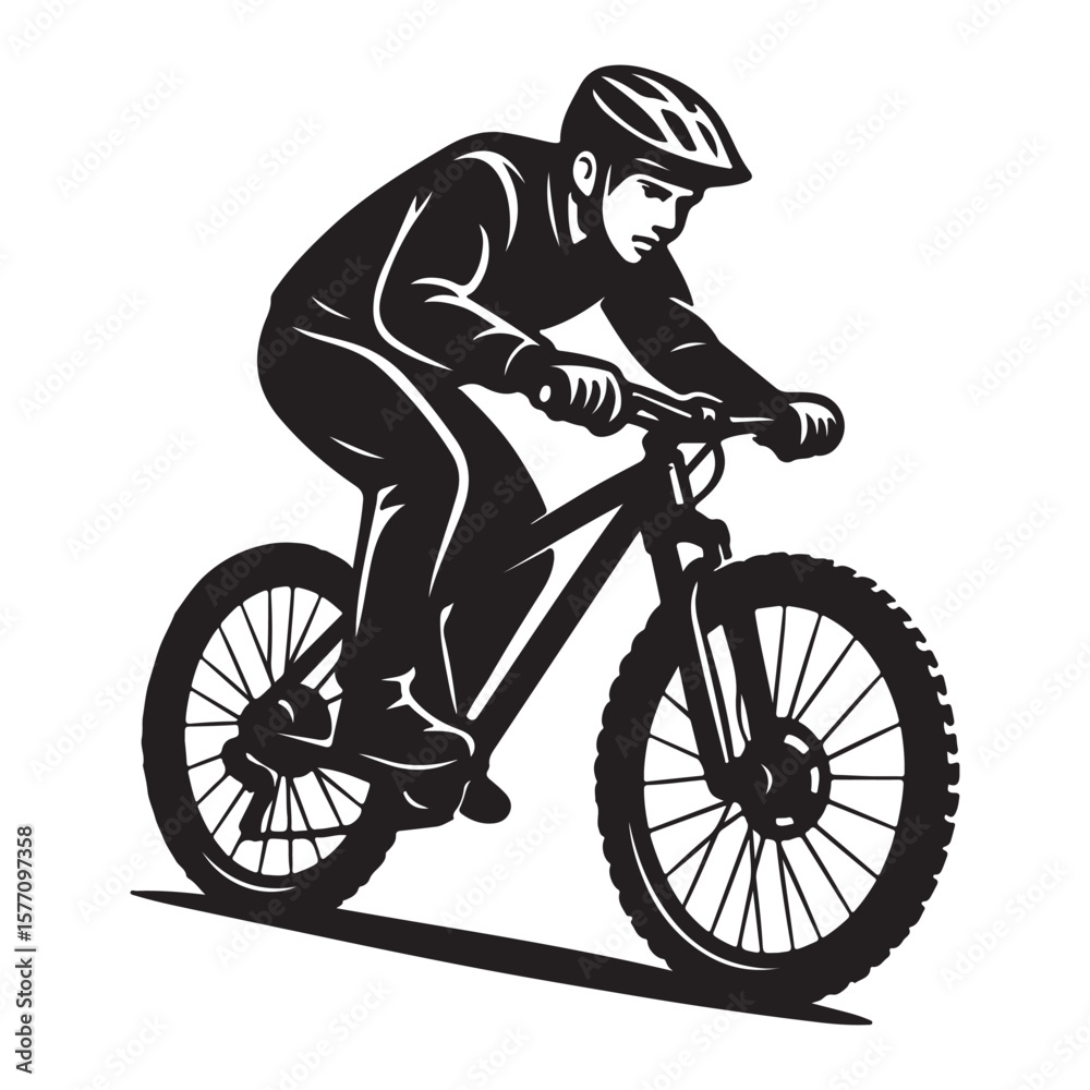 Naklejka premium Young man riding a bicycle in silhouette style for sport or recreation