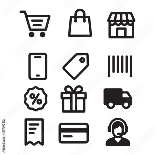 Ecommerce Shopping Line Icons Set – Cart, Store, Tag, Delivery, Payment Vector

