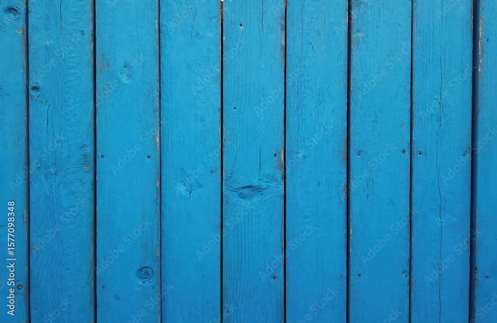 Naklejka premium Blue painted wooden fence with vertical planks. Slight wear on wooden surface. Harmonious blend of colors and textures with beige wall. Symmetrical and balanced scene with old wooden fence.