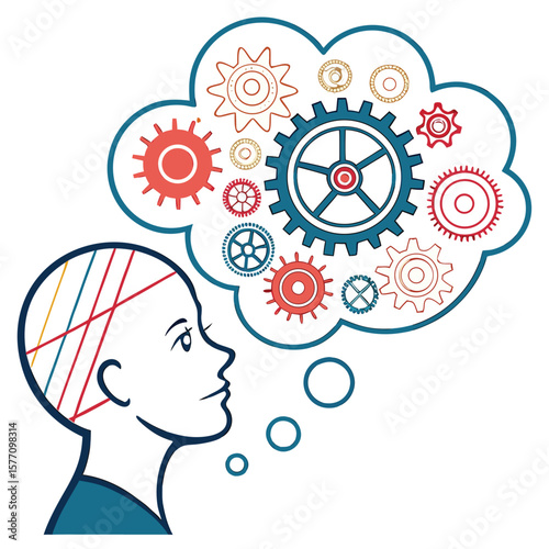 Person thinking with gears and lines in head and thought bubble in a colorful illustration style