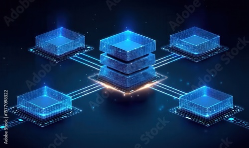 Blue 2.5d rendered network showcases main server with group servers connected by blue clusters