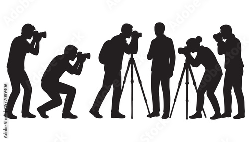 Photographer Silhouette Icon Set – People Taking Photos with Camera and Tripod

