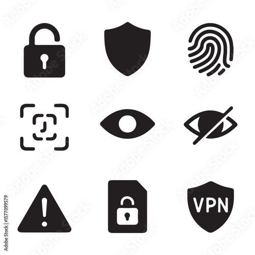 Cyber Security Privacy Protection Icons Set – Lock, Shield, VPN, Fingerprint, Warning Symbols


