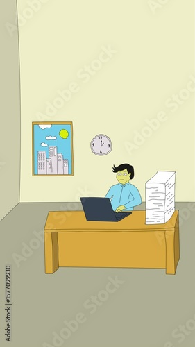animated illustration of an employee working overtime from morning to night until he is exhausted
