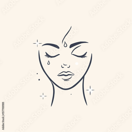 Flat minimal illustration of soft skin concept with abstract face and sparkles, suitable for skincare education materials, dermatology infographics or health visuals