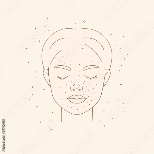 Flat minimal illustration of abstract female face with soft sparkles, symbolizing sensitive skin, ideal for natural cosmetic packaging and skincare product tags