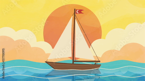 Sailboat on blue water under orange sky sailing ocean