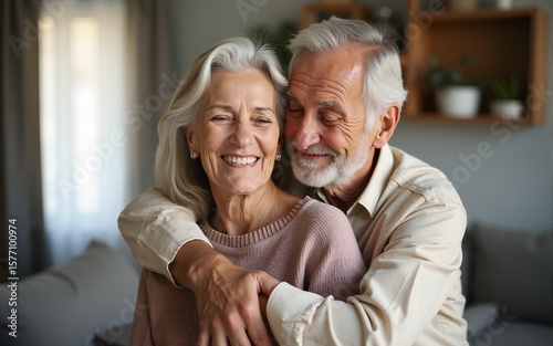 Tender and emotional adult couple, retired couple hugging inside the home, smiling and complicit, concept of happiness, love and companionship in old age. High quality photo. High quality
