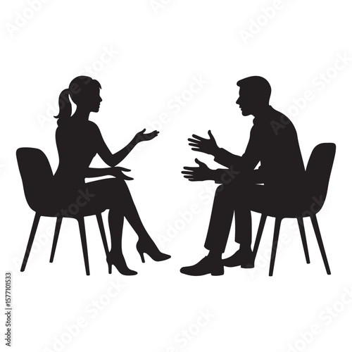 Business Conversation Silhouette – Man and Woman Talking on Chairs Vector

