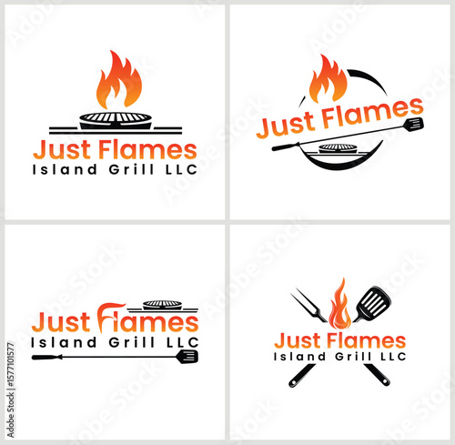 Just Flames Island Grill LLC Logo Designs Featuring Flames and Grilling Tools
