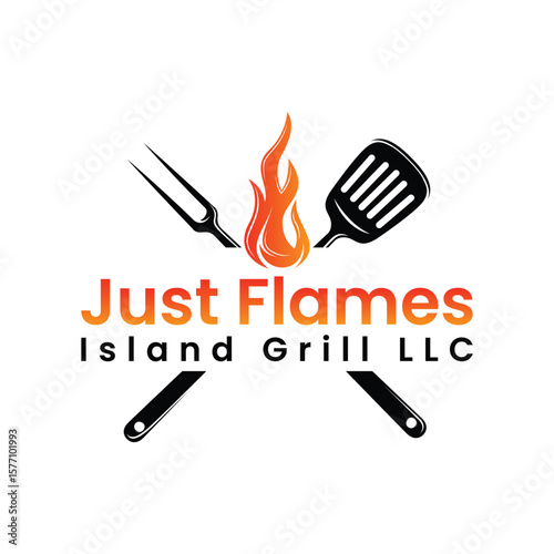 Just Flames Island Grill LLC Logo Boldly Showcasing Fiery Design and Grilling Tools for a Delicious Experience