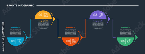 5 stage infographic process diagram with half circle and arrow line up and down with dark background bright outline style