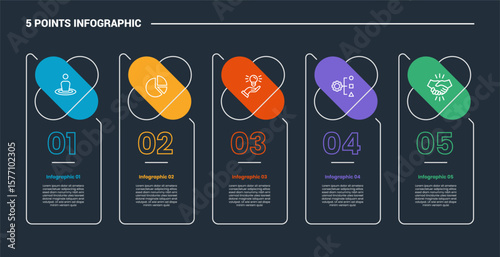 5 stage infographic process diagram with table box with capsule round on top as header with dark background bright outline style