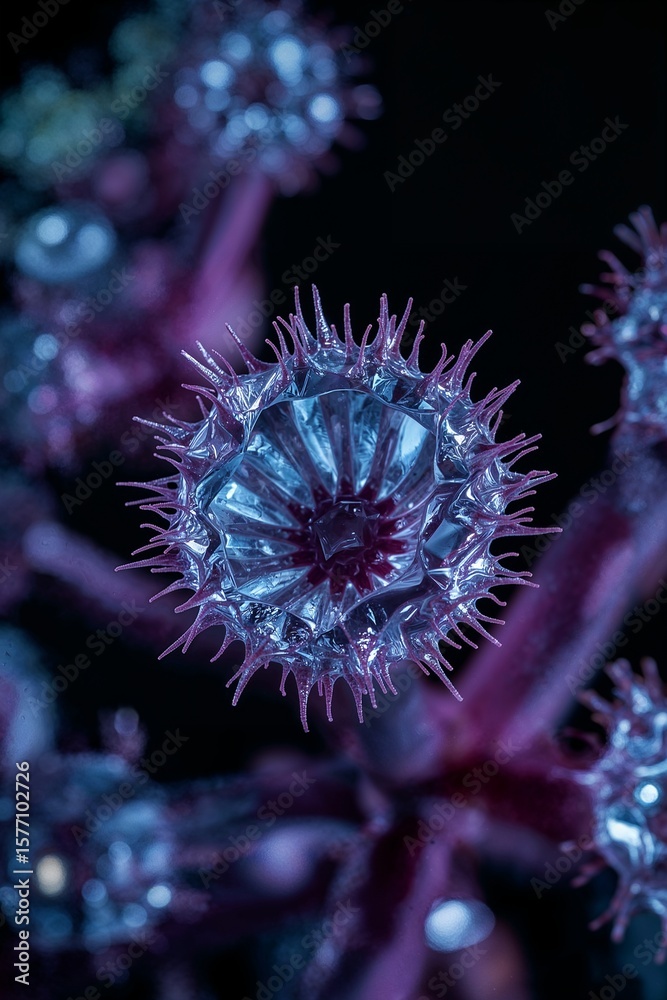 Fototapeta premium A macro shot of a virus cell structure with spikes and purple background in a dark environment