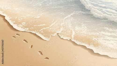 On a warm - toned beach, footprints interweave with waves, creating a healing scene, suitable for scenery and healing - themed materials