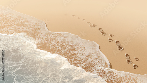 On a warm - toned beach, footprints interweave with waves, creating a healing scene, suitable for scenery and healing - themed materials