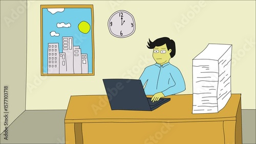 animated illustration of an employee working overtime from morning to night until he is exhausted
