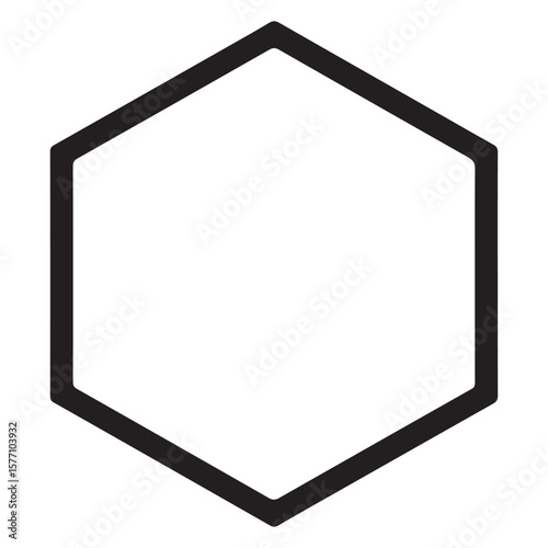 A simple bold black outline of a hexagon shape on a clean white background representing geometry and design